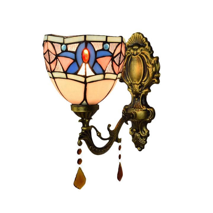 Lisslune | Stained Glass Bowl Wall Lamp Bedroom 1 Lamp Tiffany Classic Wall Lamp in White with Agate