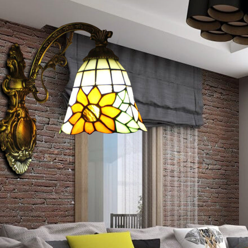 Lisslune | Yellow glass bell-shaped wall lamp with sunflower and carved arm 1 bulb rustic wall fixture for villa