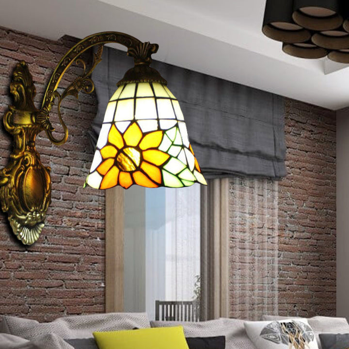 Lisslune | Yellow glass bell-shaped wall lamp with sunflower and carved arm 1 bulb rustic wall fixture for villa