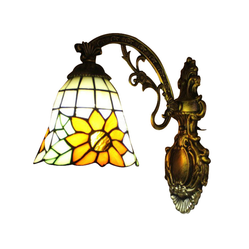 Lisslune | Yellow glass bell-shaped wall lamp with sunflower and carved arm 1 bulb rustic wall fixture for villa