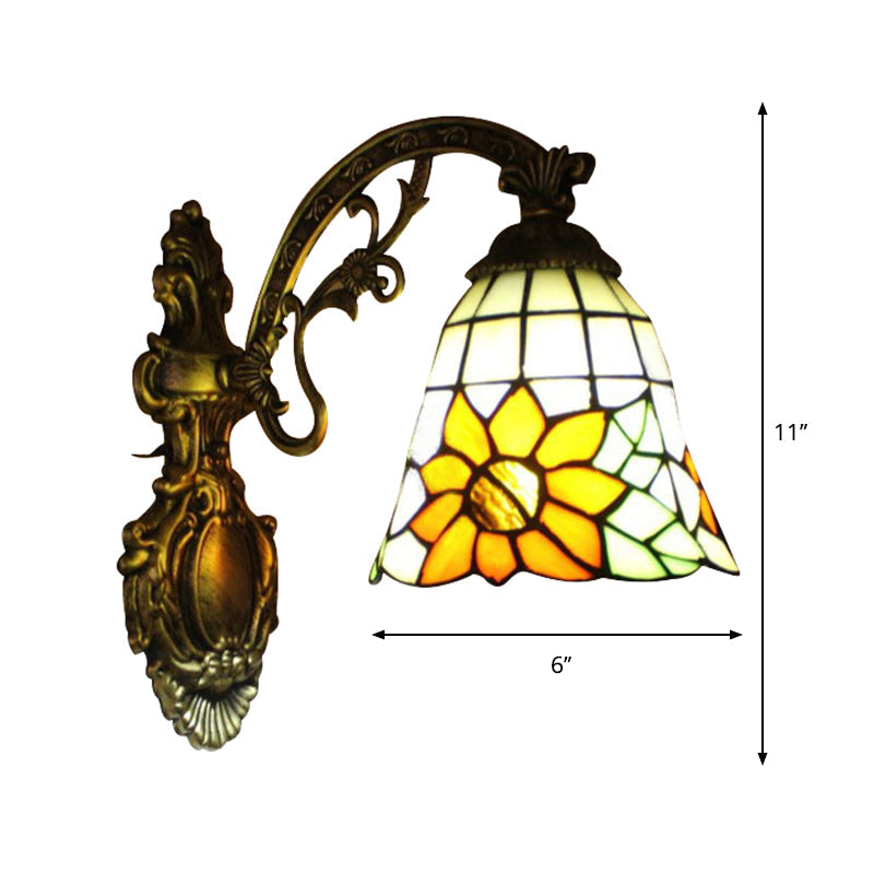 Lisslune | Yellow glass bell-shaped wall lamp with sunflower and carved arm 1 bulb rustic wall fixture for villa