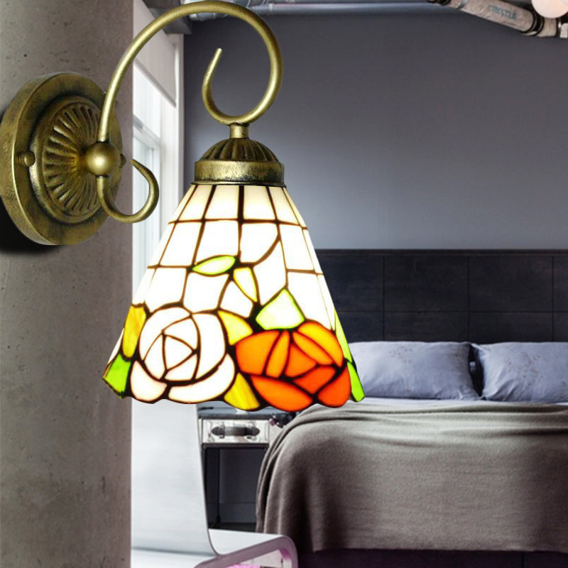Lisslune | Rose Stained Glass Wall Light Tiffany 1 Head Antique Bronze Wall Lamp Lighting