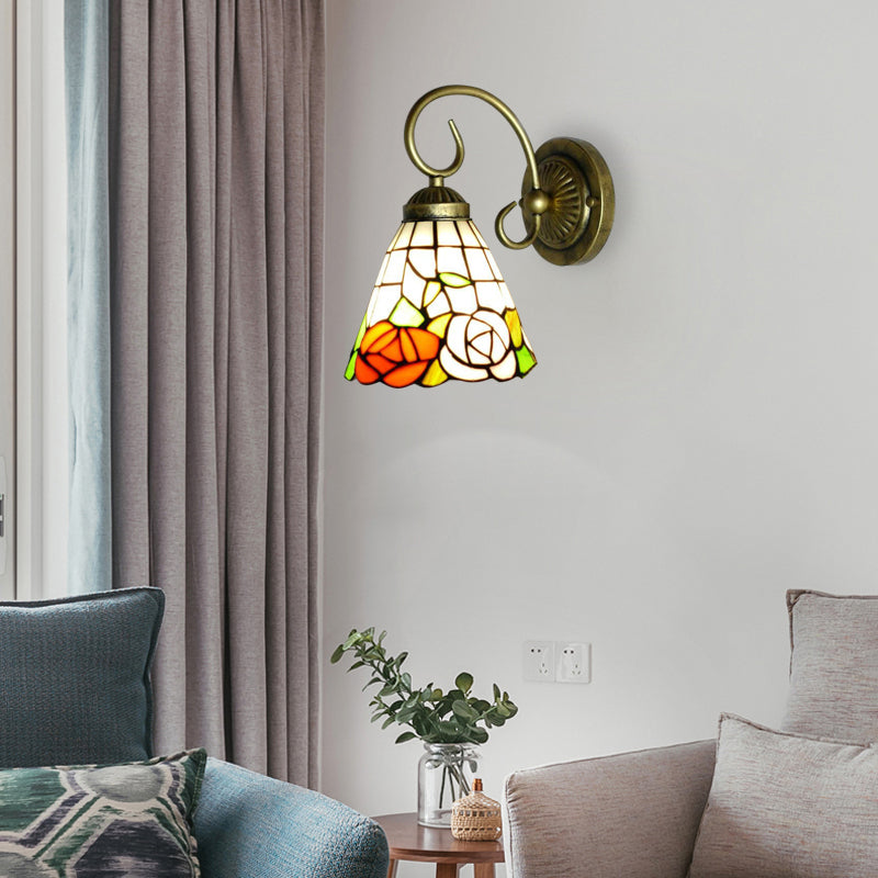 Lisslune | Rose Stained Glass Wall Light Tiffany 1 Head Antique Bronze Wall Lamp Lighting