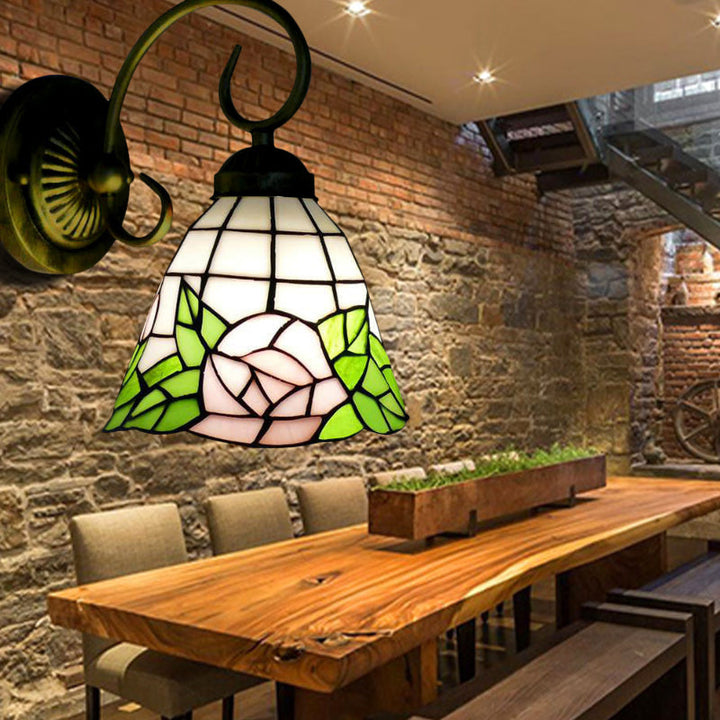 Lisslune | Green Bell Wall Lamp Tiffany 1 Head Stained Glass Wall Light with Rose Pattern