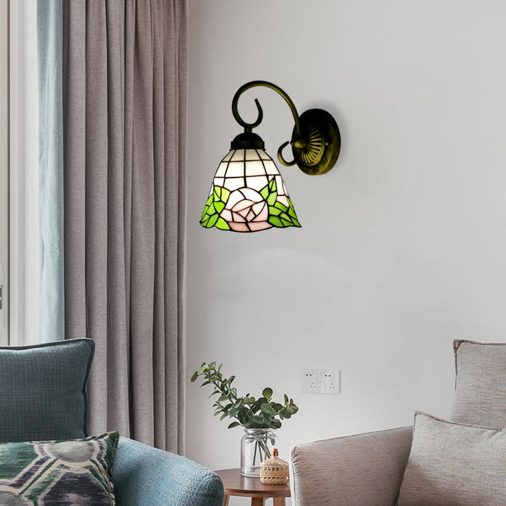 Lisslune | Green Bell Wall Lamp Tiffany 1 Head Stained Glass Wall Light with Rose Pattern