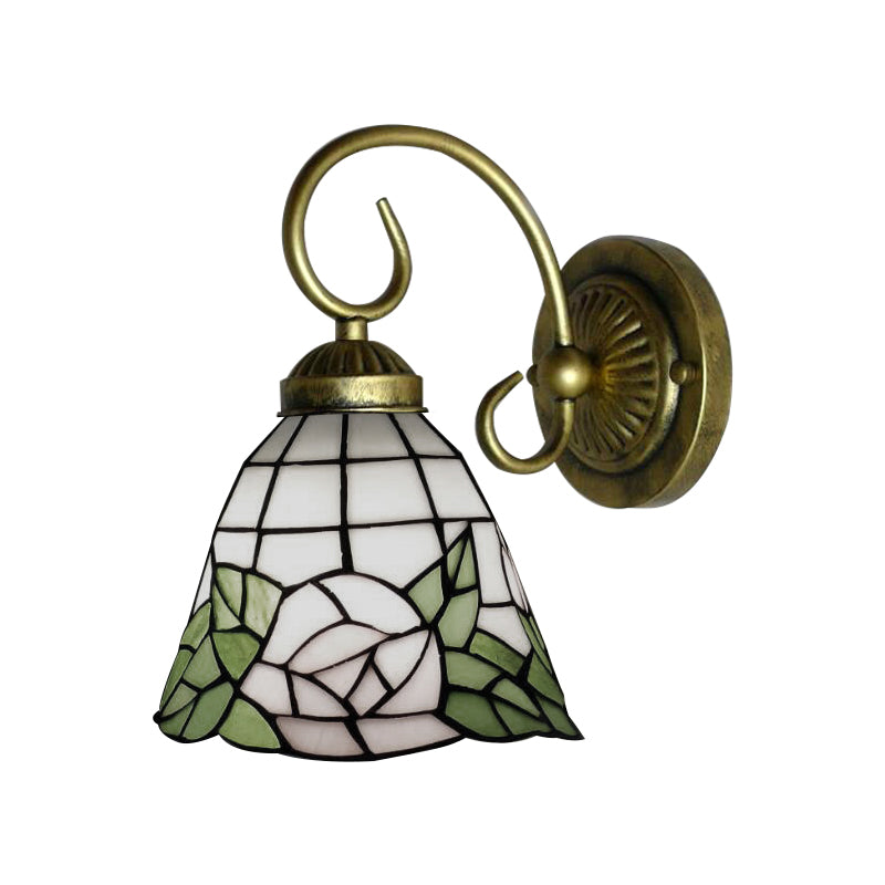 Lisslune | Green Bell Wall Lamp Tiffany 1 Head Stained Glass Wall Light with Rose Pattern