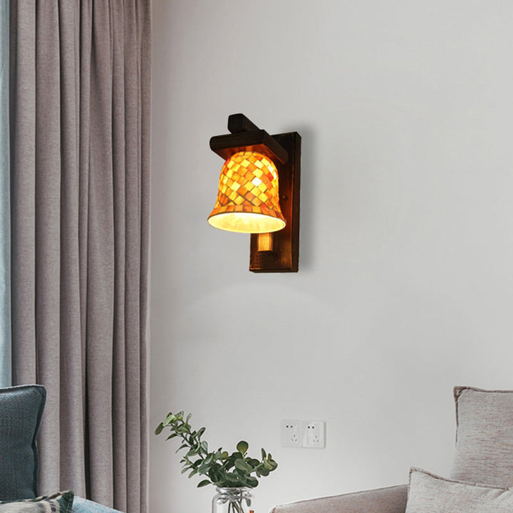 Lisslune | Macaron Bell Wall Lamp with Wooden Base Glass 1 Light Yellow Wall Lamp for Clothing Store
