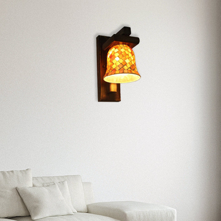 Lisslune | Macaron Bell Wall Lamp with Wooden Base Glass 1 Light Yellow Wall Lamp for Clothing Store