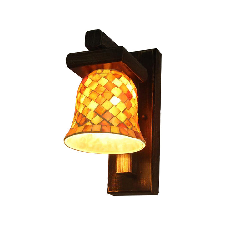 Lisslune | Macaron Bell Wall Lamp with Wooden Base Glass 1 Light Yellow Wall Lamp for Clothing Store