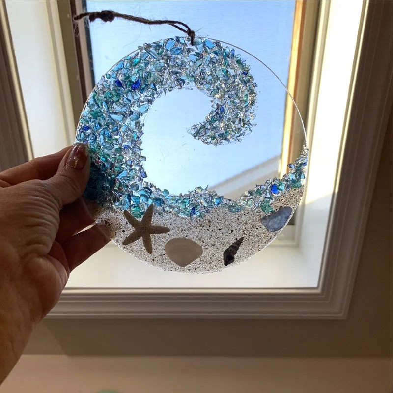 Lisslune | Sea glass sun catcher - Ocean breaking wave beach ornament