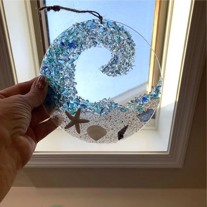 Lisslune | Sea glass sun catcher - Ocean breaking wave beach ornament