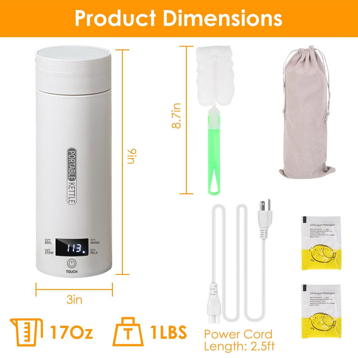 Lisslune | 17Oz Stainless Steel Travel Electric Kettle with 4 Temperature Presets