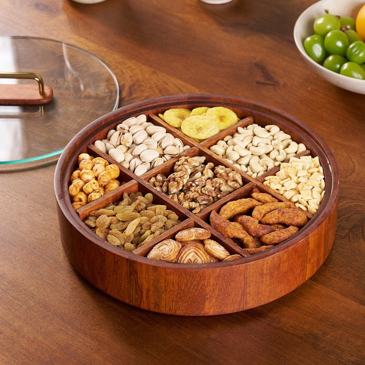 Lisslune | BambooSpin – 9-Compartment Serving Tray with Rotating Lid | Premium Bamboo Snack Platter