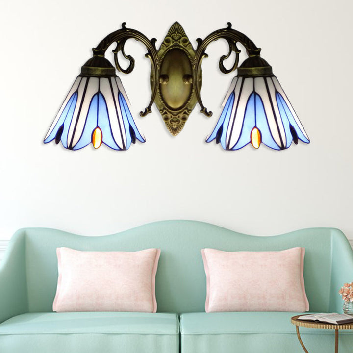 Lisslune | Floral Wall Lamp Tiffany Style Stained Glass 2-Light Wall Light in Blue for Hallway