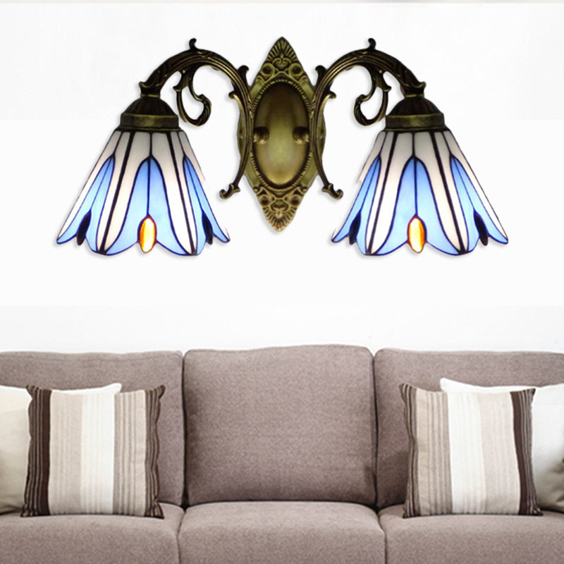 Lisslune | Floral Wall Lamp Tiffany Style Stained Glass 2-Light Wall Light in Blue for Hallway