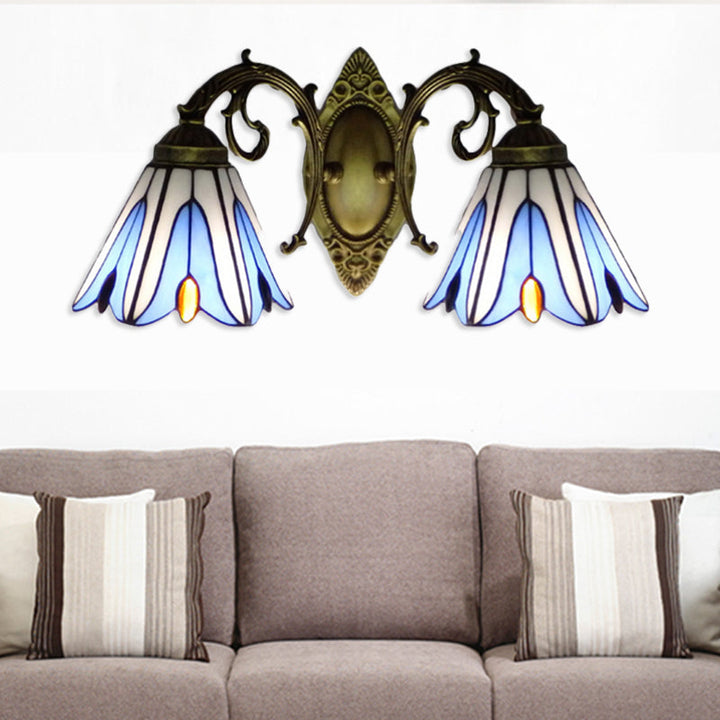 Lisslune | Floral Wall Lamp Tiffany Style Stained Glass 2-Light Wall Light in Blue for Hallway