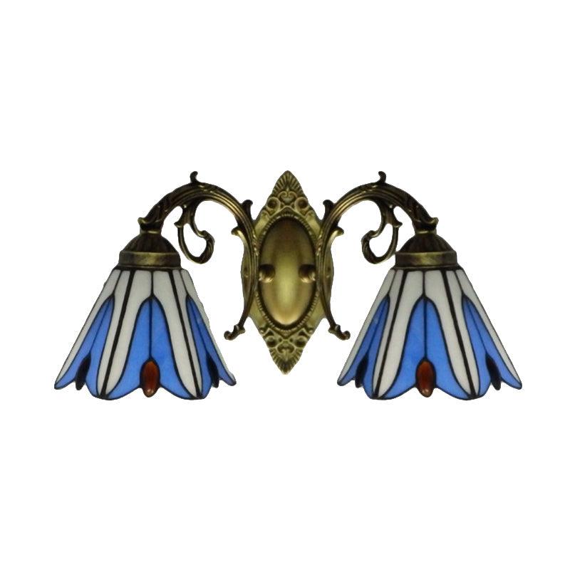 Lisslune | Floral Wall Lamp Tiffany Style Stained Glass 2-Light Wall Light in Blue for Hallway