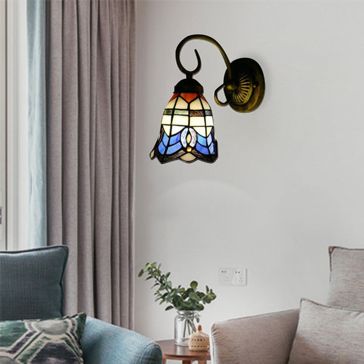Lisslune | Baroque Style 8"/6" W Grid Bell Wall Lighting Tempered Glass 1 Head Beige Wall Lamp for Kitchen