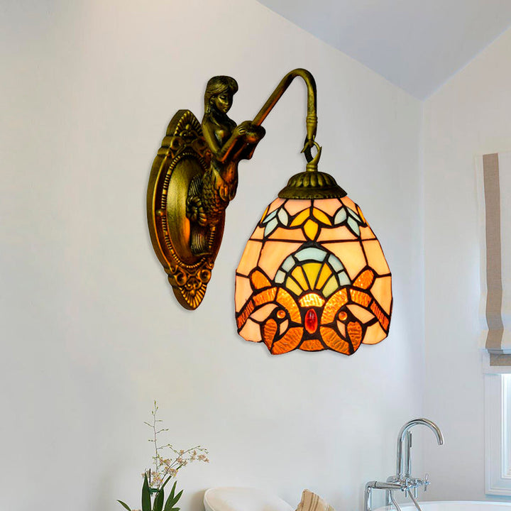 Lisslune | Brass Dome Wall Light Tiffany 1 Head Multicolor Glass Window Wall Mounted Light