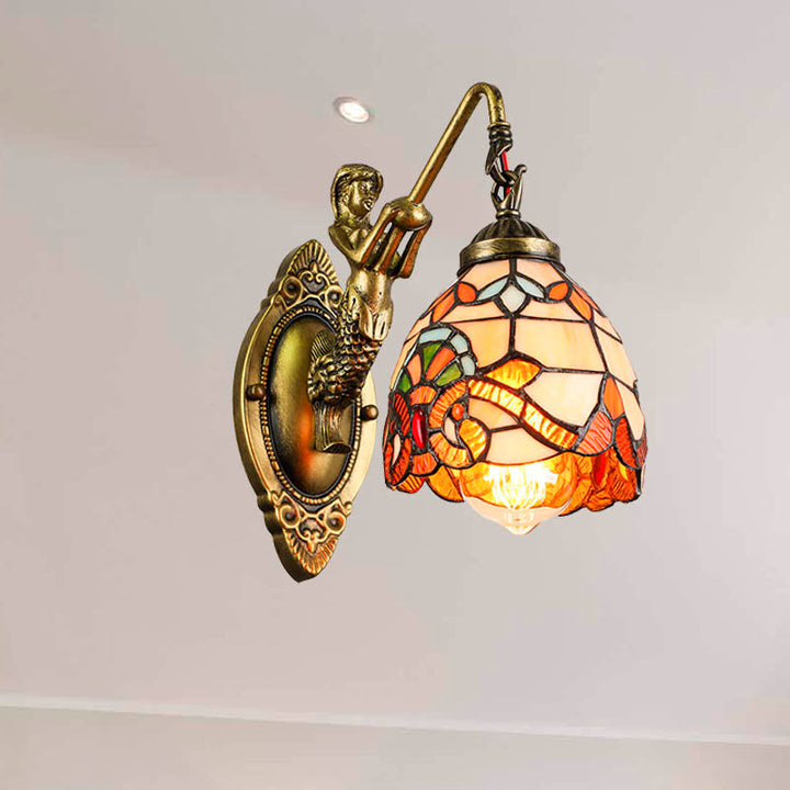 Lisslune | Vintage Dome Wall Light 5.5" Width 1 Light Stained Glass Wall Fixture with Mermaid Design
