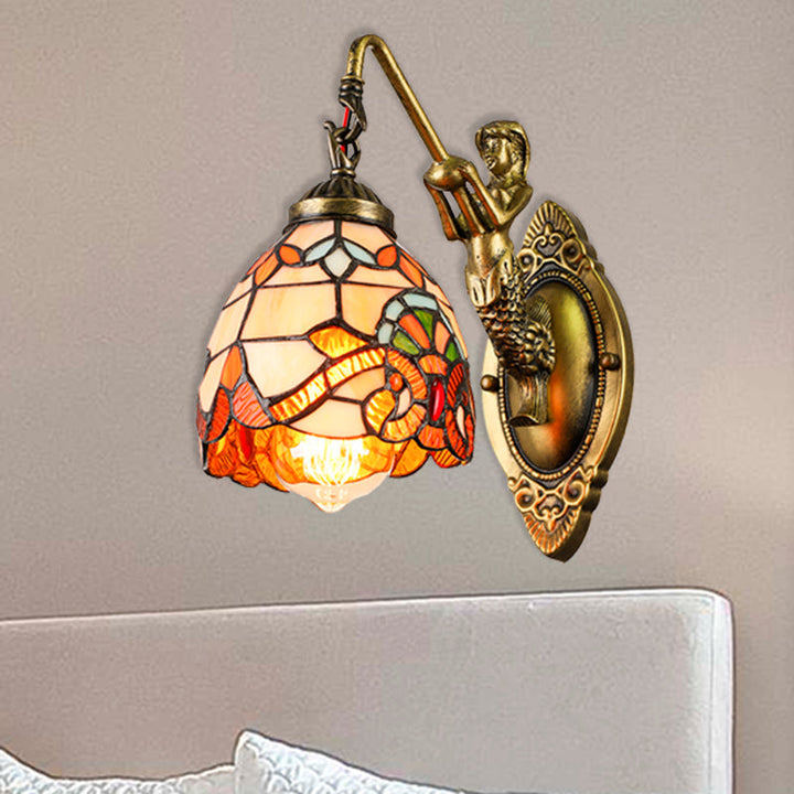 Lisslune | Vintage Dome Wall Light 5.5" Width 1 Light Stained Glass Wall Fixture with Mermaid Design
