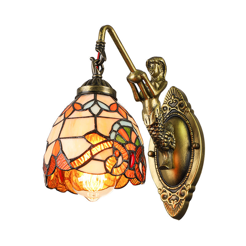 Lisslune | Vintage Dome Wall Light 5.5" Width 1 Light Stained Glass Wall Fixture with Mermaid Design