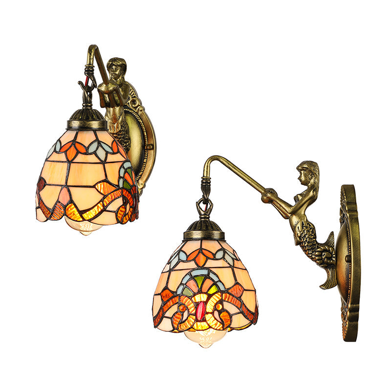 Lisslune | Vintage Dome Wall Light 5.5" Width 1 Light Stained Glass Wall Fixture with Mermaid Design