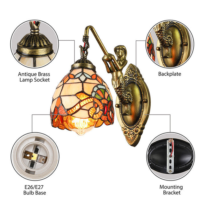 Lisslune | Vintage Dome Wall Light 5.5" Width 1 Light Stained Glass Wall Fixture with Mermaid Design