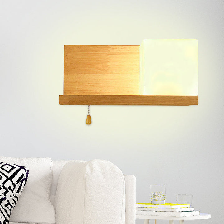 Lisslune | Simple cubic wall lamp opalescent glass 1 bulb living room wall lamp with oblong wood back plate in beige
