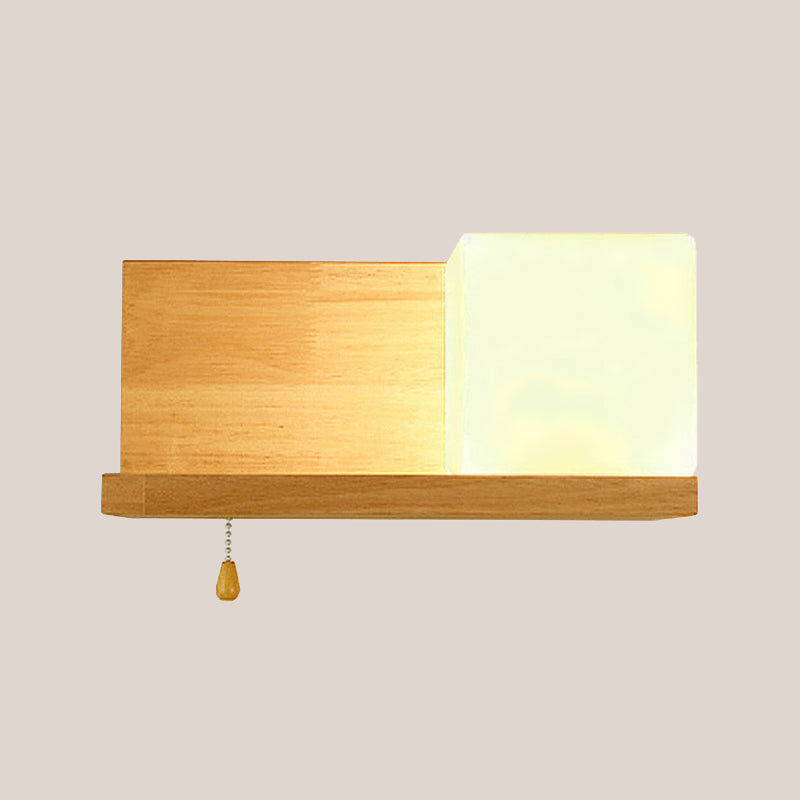 Lisslune | Simple cubic wall lamp opalescent glass 1 bulb living room wall lamp with oblong wood back plate in beige