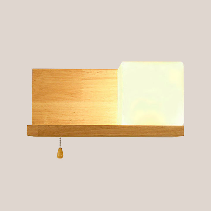 Lisslune | Simple cubic wall lamp opalescent glass 1 bulb living room wall lamp with oblong wood back plate in beige
