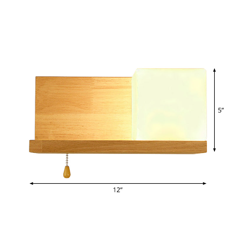 Lisslune | Simple cubic wall lamp opalescent glass 1 bulb living room wall lamp with oblong wood back plate in beige