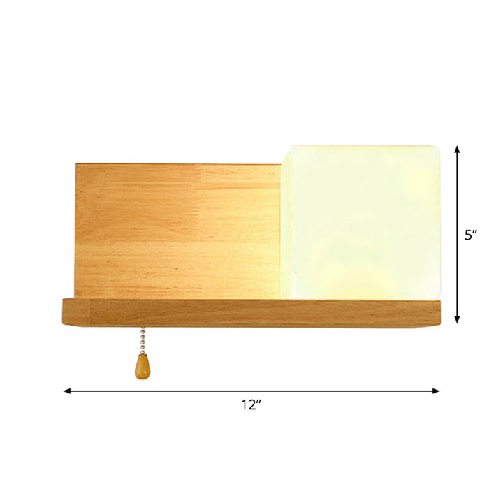 Lisslune | Simple cubic wall lamp opalescent glass 1 bulb living room wall lamp with oblong wood back plate in beige