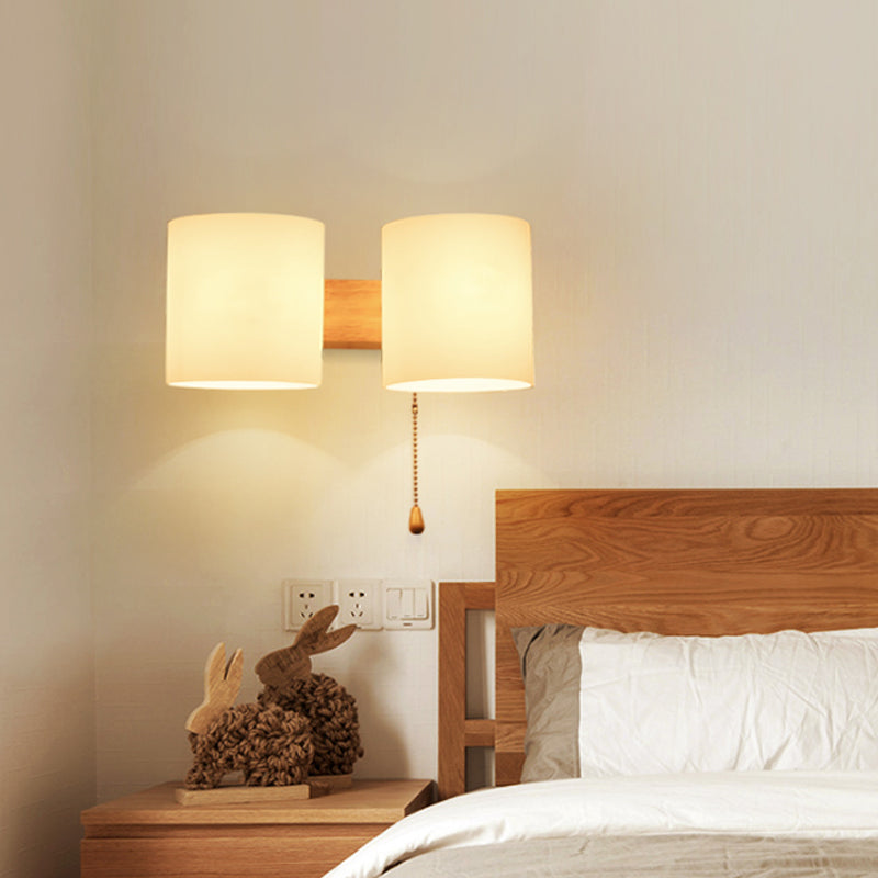 Lisslune | Opalines Glass Cylinder Wall Mount Lamp Modern 2 Lights Beige Wall Lighting Ideas with Pull Chain