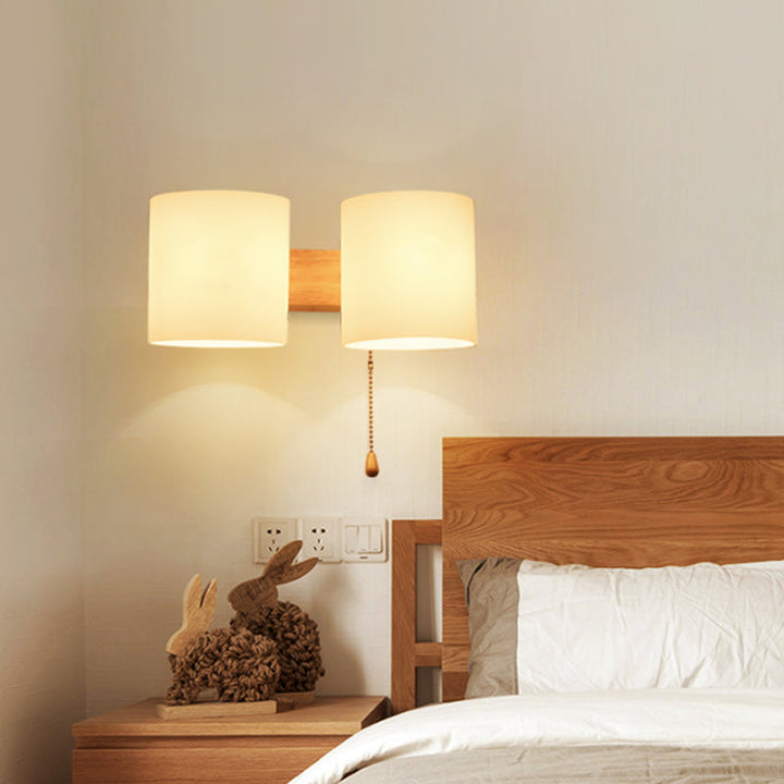 Lisslune | Opalines Glass Cylinder Wall Mount Lamp Modern 2 Lights Beige Wall Lighting Ideas with Pull Chain