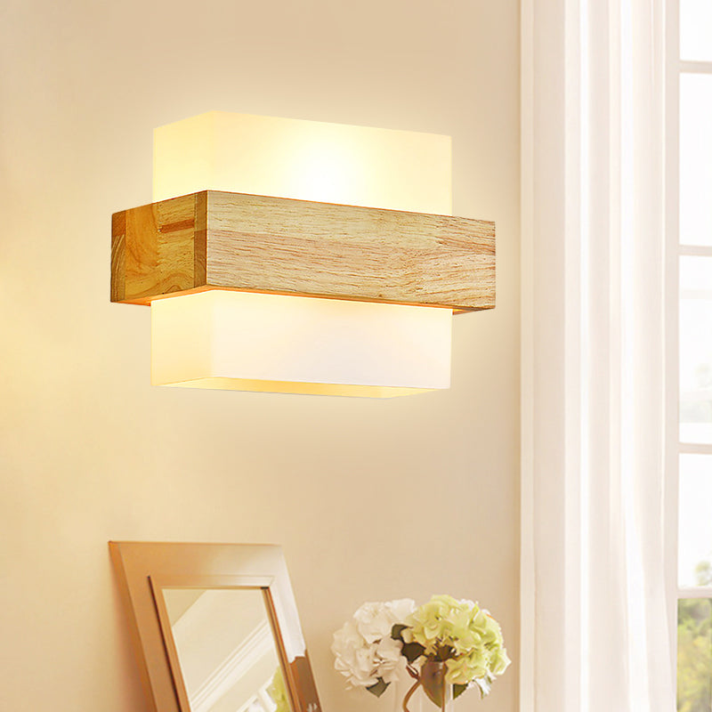 Lisslune | Cube Wall Mount Light Fixture Minimalism Opal Glass 1 Main Color Beige Surface Wall Lamp with Wooden Detail