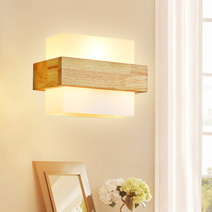 Lisslune | Cube Wall Mount Light Fixture Minimalism Opal Glass 1 Main Color Beige Surface Wall Lamp with Wooden Detail