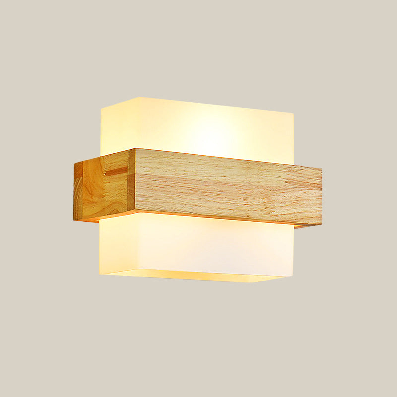 Lisslune | Cube Wall Mount Light Fixture Minimalism Opal Glass 1 Main Color Beige Surface Wall Lamp with Wooden Detail