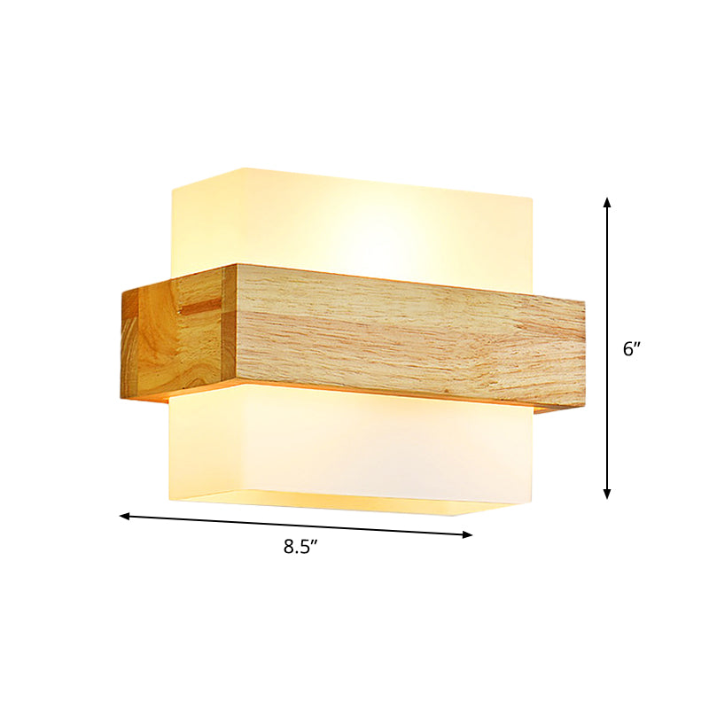 Lisslune | Cube Wall Mount Light Fixture Minimalism Opal Glass 1 Main Color Beige Surface Wall Lamp with Wooden Detail