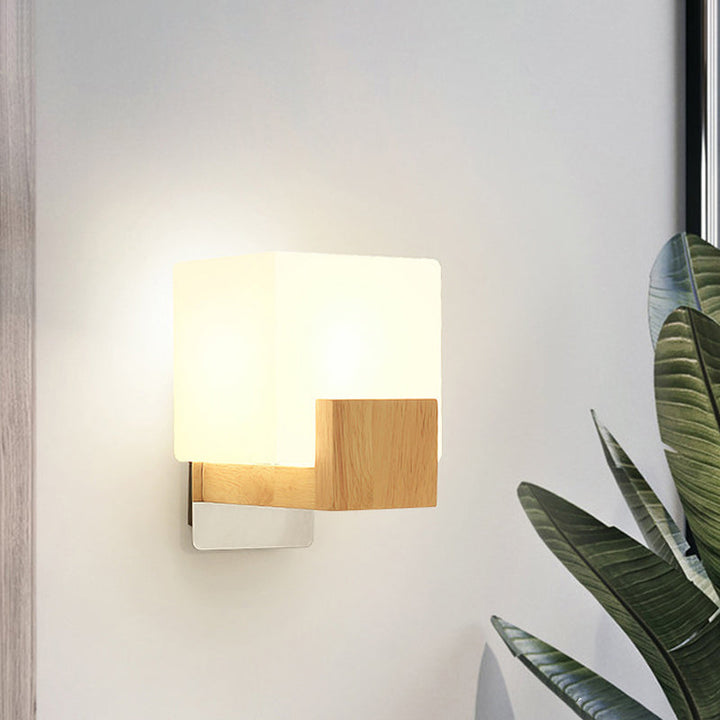 Lisslune | Cube Wall Mount Light Fixture Minimalism Opal Glass 1 Main Color Beige Surface Wall Lamp with Wooden Detail