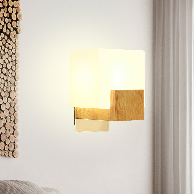 Lisslune | Cube Wall Mount Light Fixture Minimalism Opal Glass 1 Main Color Beige Surface Wall Lamp with Wooden Detail
