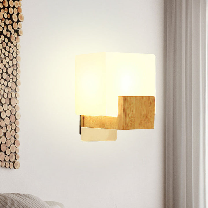 Lisslune | Cube Wall Mount Light Fixture Minimalism Opal Glass 1 Main Color Beige Surface Wall Lamp with Wooden Detail