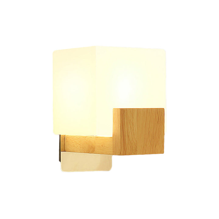 Lisslune | Cube Wall Mount Light Fixture Minimalism Opal Glass 1 Main Color Beige Surface Wall Lamp with Wooden Detail