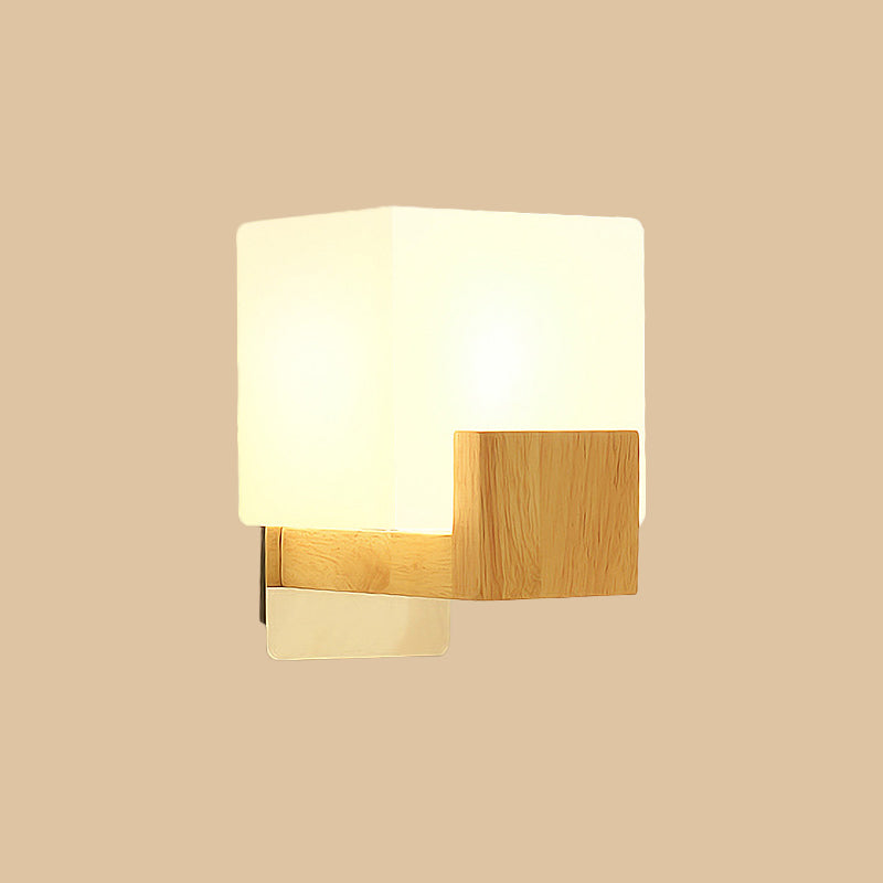 Lisslune | Cube Wall Mount Light Fixture Minimalism Opal Glass 1 Main Color Beige Surface Wall Lamp with Wooden Detail