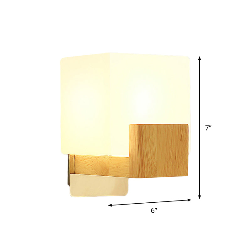 Lisslune | Cube Wall Mount Light Fixture Minimalism Opal Glass 1 Main Color Beige Surface Wall Lamp with Wooden Detail