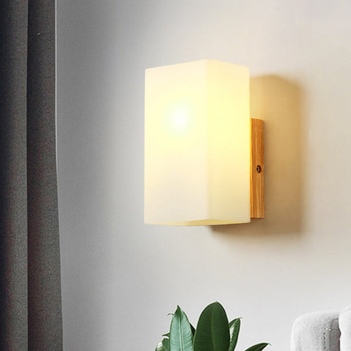 Lisslune | Cube Wall Mount Light Fixture Minimalism Opal Glass 1 Main Color Beige Surface Wall Lamp with Wooden Detail