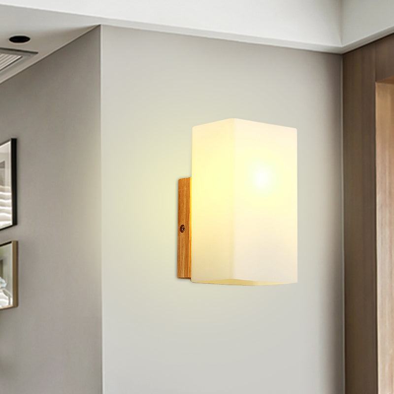Lisslune | Cube Wall Mount Light Fixture Minimalism Opal Glass 1 Main Color Beige Surface Wall Lamp with Wooden Detail