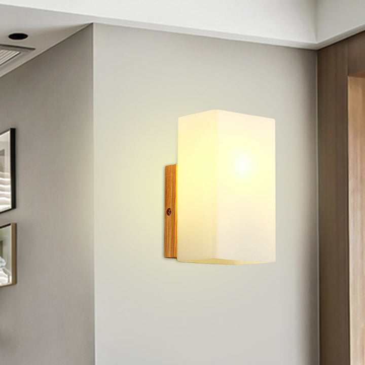 Lisslune | Cube Wall Mount Light Fixture Minimalism Opal Glass 1 Main Color Beige Surface Wall Lamp with Wooden Detail