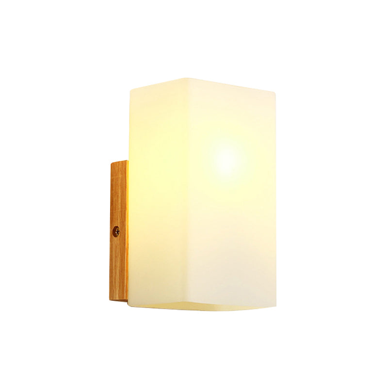 Lisslune | Cube Wall Mount Light Fixture Minimalism Opal Glass 1 Main Color Beige Surface Wall Lamp with Wooden Detail