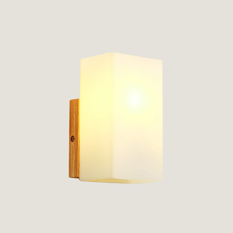 Lisslune | Cube Wall Mount Light Fixture Minimalism Opal Glass 1 Main Color Beige Surface Wall Lamp with Wooden Detail